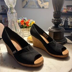 Toms Black and Tan Wedge Peep Toe Shoes